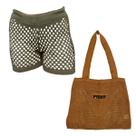Kit Saia ou Short Tricot Feminina com Bolsa Sacola de Praia Crochê