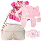 Kit Saida Maternidade com Bolsa Bege e Conjunto de Roupa para Bebê