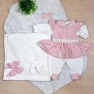 Kit Saída Maternidade Menina 05 Peças Lavínia Roupas de Bebê Malha 100% Algodão Kit Saída Maternidade Menina 05 Peças Lavínia Roupas de Bebê Malha 100% Algodão