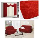 Kit Sala Capa Sofá 2/3 Lugares + Cortina 2 m + Tapete Peludo 2,00 X 1,40 Vermelho