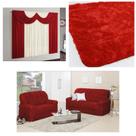 Kit Sala Capa Sofá 2/3 Lugares + Cortina Riviera 2m + Tapete 2,00m X 1,40m Vermelho