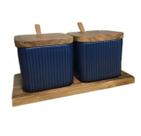 Kit Saleiro E Açucareiro Multiuso Cerâmica Bambu AZUL