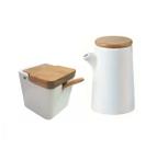 Kit Saleiro E Galheteiro Ceramica Com Tampa Bambu