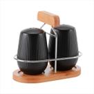 Kit Saleiro e Pimenteiro De Mesa Cerâmica Preta Texturizada Com Suporte De Bambu Porta Condimentos Sal Pimenta Linha Oásis Cozinha Gourmet