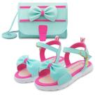 Kit Sandália Infantil Com Laço Mz Shoes Com Bolsa Summer Fivela Menina Azul/Pink