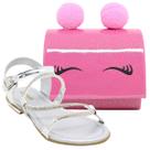 Kit Sandalia Rasteira Infantil Menina Macia Leve Prata Tira Strass E Bolsa Pompom Moderna Delicada