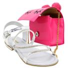 Kit Sandalia Rasteira Infantil Menina Macia Leve Tiras Strass E Bolsa De Pompom Moderna Delicada