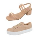 Kit Sandália Salto Bloco Tiras Duplas + Tênis Casual Básico Retrô Nude Bellinda Shoes