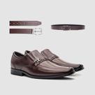 Kit Sapato Masculino de Couro Marrom Escuro Liso Fivela Com Cinto Sofisticação E Estilo Zapattero