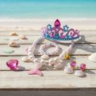 Kit Sereia Colar Pulseira Brincos Anel e Coroa Sereia Infantil Acessórios Fundo do Mar Conchas
