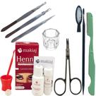 Kit Sobrancelha Makiaj Henna com Fixador Rena + Navalha E Tesoura + 3 pinças + Palito + dappen