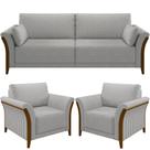 Kit Sofá 02 Lugares Sala Estar 162cm Com 02 Poltronas Stefan Pés Madeira M03 Linho Cinza - Lyam Decor