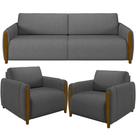 Kit Sofá 02 Lugares Sala Estar 168cm Com 02 Poltronas Flora Pés Madeira M03 Linho Chumbo - Lyam Decor