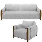 Kit Sofá 02 Lugares Sala Estar 168cm Com Poltrona Flora Pés De Madeira M03 Veludo Cinza - Lyam Decor