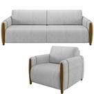 Kit Sofá 02 Lugares Sala Estar 168cm Com Poltrona Flora Pés De Madeira M03 Veludo Cinza - Lyam Decor