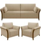 Kit Sofá 03 Lugares 222cm Com 02 Poltronas Stefan Pés Madeira M03 Linho Bege Escuro - Lyam Decor