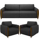 Kit Sofá 03 Lugares Sala Estar 223cm Com 02 Poltronas Flora Pés Madeira M03 Sintético Preto - Lyam Decor