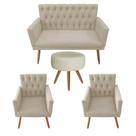 Kit Sofá 2 Lugares Decorativo Para Sala de Estar Pés Madeira Retro Nina Captonê+ 02 Poltronas Nina Captone + Puff Banqueta classic Redondo bege Kit Sofá 2 Lugares Decorativo Para Sala de Estar Pés Madeira Retro Nina Captonê+ 02 Poltronas Nina Captone + Puff Banqueta classic Redondo bege