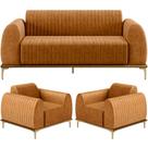 Kit Sofá 3 Lugares 180cm com 02 Poltronas Molino Base Castanho Pés D'ouro D02 material sintético Whisky B-90 - Lyam Decor