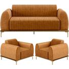 Kit Sofá 3 Lugares 180cm com 02 Poltronas Molino Base Castanho Pés D'ouro D02 material sintético Whisky B-90 - Lyam Decor