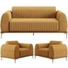 Kit Sofá 3 Lugares 180cm com 02 Poltronas Molino Base Castanho Pés D'ouro D02 Prime Bouclê Mostarda PB-03 - Lyam Decor