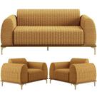 Kit Sofá 3 Lugares 180cm com 02 Poltronas Molino Base Castanho Pés D'ouro D02 Prime Bouclê Mostarda PB-03 - Lyam Decor