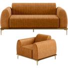 Kit Sofá 3 Lugares 180cm com Poltrona Molino Base Castanho Pés D'ouro D02 material sintético Whisky B-90 - Lyam Decor