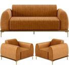 Kit Sofá 3 Lugares 210cm Com 02 Poltronas Molino Base Castanho Pés D'ouro D02 material sintético Whisky B-90 - Lyam Decor