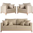 Kit Sofá 3 Lugares e 2 Poltronas Beny Base em Madeira Maciça Linho Bege Kimi Design Kit Sofá 3 Lugares e 2 Poltronas Beny Base em Madeira Maciça Linho Bege Kimi Design