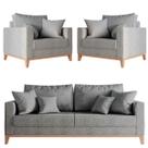 Kit Sofá 3 Lugares e 2 Poltronas Beny Base em Madeira Maciça Linho Cinza Kimi Design Kit Sofá 3 Lugares e 2 Poltronas Beny Base em Madeira Maciça Linho Cinza Kimi Design