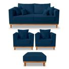 Kit Sofá 3 Lugares e 2 Poltronas Beny + Puff Isa Linho Azul Kit Sofá 3 Lugares e 2 Poltronas Beny + Puff Isa Linho Azul