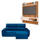 Kit Sofá América 3 Lugares Com Painel Esmeralda Azul/freijo/off White Kit Sofá América 3 Lugares Com Painel Esmeralda Azul/freijo/off White
