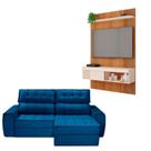 Kit Sofá América 3 Lugares Com Painel Jade Caemmun Azul/freijo/off White