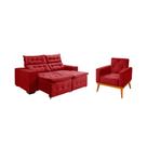 Kit Sofá Bari Retrátil Reclinável 1,90m Pillow + Poltrona Florença Espuma Premium - Vermelho Veludo