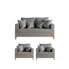 Kit Sofá e 2 Poltronas Decorativa Beni 1,60cm Beni Base Madeira Linho Cinza - Montanaris Decor