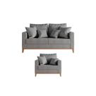 Kit Sofá e Poltrona Decorativo Beni 1,60cm Beni Base Madeira Linho Cinza - Montanaris Decor