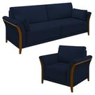 Kit Sofá Living 3 Lugares e Poltrona 102cm Pés Madeira Roya M22 Veludo Azul Marinho - Mpozenato
