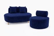 Kit Sofá Orgânico Feijão Para Sala Quarto 115 Cm 02 Almofadas e Poltrona Orgânica Decorativa Flora Veludo Azul Marinho