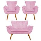 Kit Sofá Retrô e 02 Poltronas Opala Suede Rosa Bebê - D'Rossi