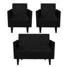 Kit Sofá Retrô Namoradeira e 02 Poltronas Compactas Jade Suede Preto - D'Rossi