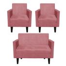 Kit Sofá Retrô Namoradeira e 02 Poltronas Compactas Jade Suede Rose - D'Rossi