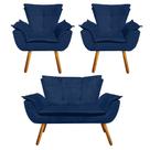 Kit Sofá Retrô Namoradeira e 02 Poltronas Opala Suede Azul Marinho - D'Rossi