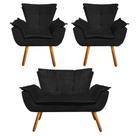 Kit Sofá Retrô Namoradeira e 02 Poltronas Opala Suede Preto - D'Rossi