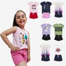 Kit Sortido 14 Peças de Roupas Infantil Menina Kit 7 Conjuntos Infantil (7 Camiseta + 7 Shorts)