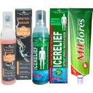 Kit Spray Massagem Icerelief + Peixe Életrico + Pomada Mil Dores