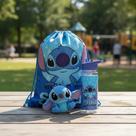 Kit Stitch Garrafa Mochila Saco E Chaveiro Pelucia Azul-aço