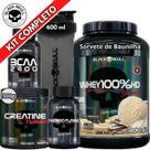 Kit Suplemento Whey 100% HD POTE Gourmet 900g + Creatina Turbo 300g + Termogênico Thermo Flame + Bcaa 2400 + Coqueteleira Shaker - Black Skull