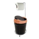 Kit Suporte Porta Papel Higiênico Lixeira 5L Cesto Lixo Tampa Basculante Banheiro Preto Rose Gold - AMZ