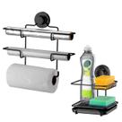 Kit Suporte Rolo Triplo Papel Toalha Alumínio Porta Detergente Esponja Ventosa Cozinha Preto Fosco - Future