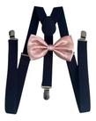 Kit Suspensório Azul Marinho + Gravata Borboleta Rosê Gold